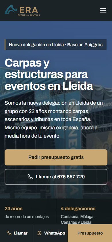 Web real de ERA Events: vista móvil