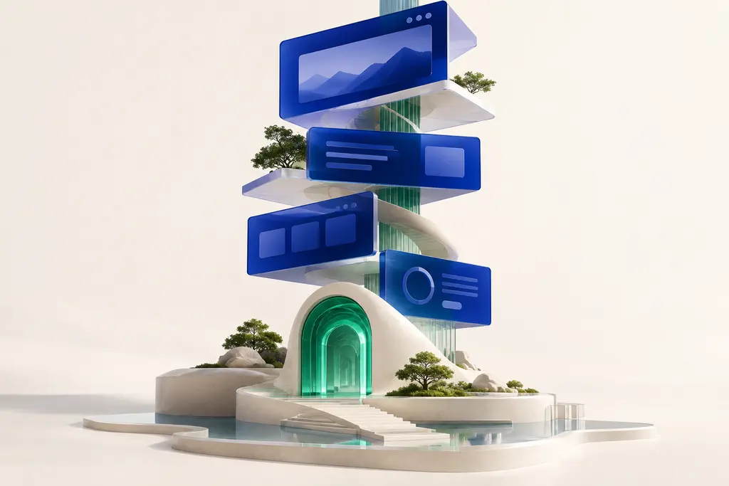 Páginas azules apiladas: ilustración de la arquitectura de una web corporativa.