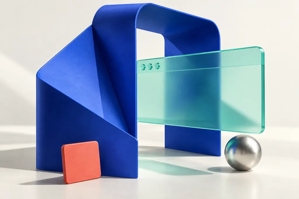 Ilustración de diseño digital: un portal azul y una ventana de cristal verde transforman una idea en una web.