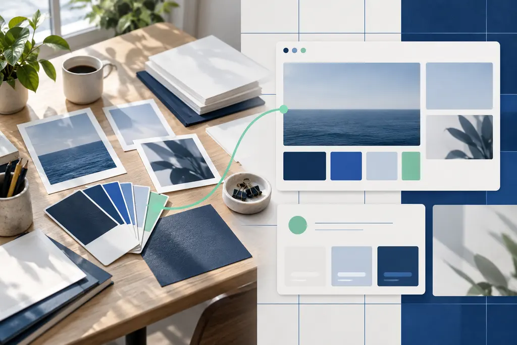 Fotografías y colores de marca organizados en una web editable.